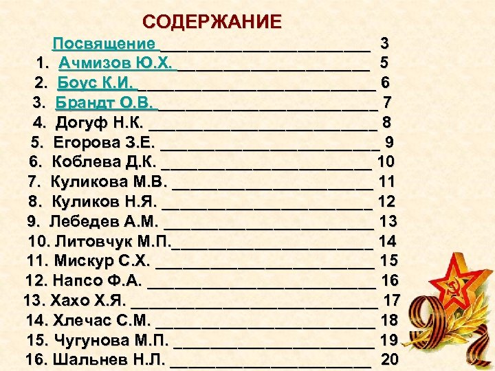 СОДЕРЖАНИЕ Посвящение ____________ 3 1. Ачмизов Ю. Х. ___________ 5 2. Боус К. И.