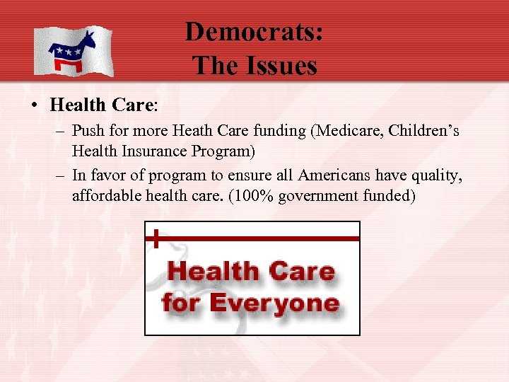 Democrats: The Issues • Health Care: – Push for more Heath Care funding (Medicare,