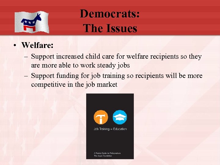 Democrats: The Issues • Welfare: – Support increased child care for welfare recipients so