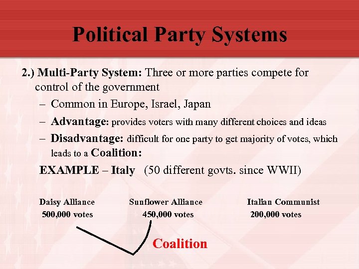 Political Party Systems 2. ) Multi-Party System: Three or more parties compete for control