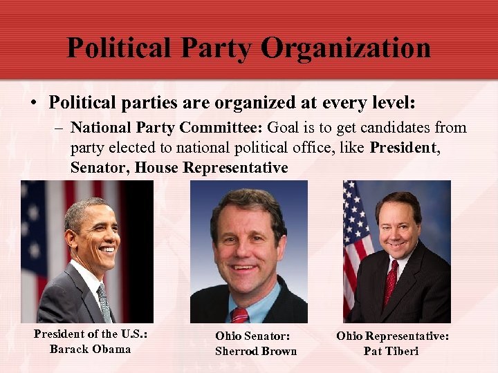Political Party Organization • Political parties are organized at every level: – National Party