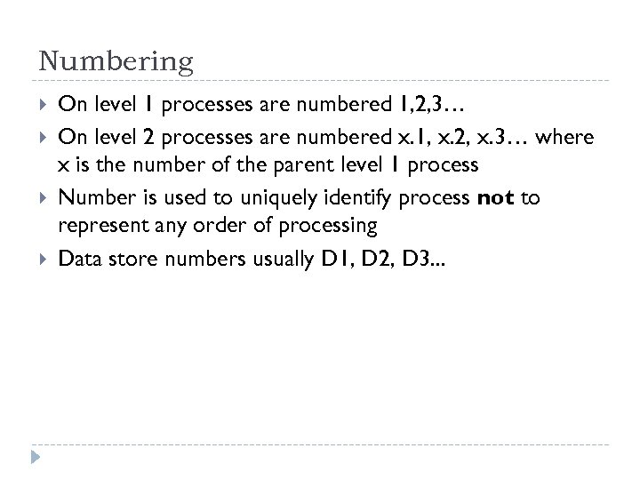 Numbering On level 1 processes are numbered 1, 2, 3… On level 2 processes