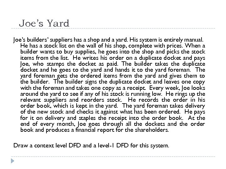 Joe’s Yard Joe’s builders’ suppliers has a shop and a yard. His system is