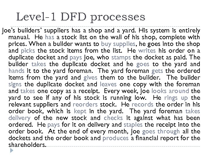 Level-1 DFD processes Joe’s builders’ suppliers has a shop and a yard. His system