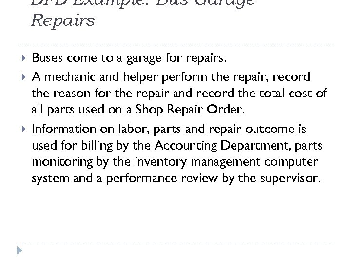 DFD Example: Bus Garage Repairs Buses come to a garage for repairs. A mechanic