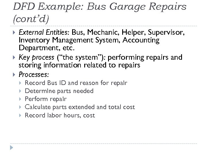 DFD Example: Bus Garage Repairs (cont’d) External Entities: Bus, Mechanic, Helper, Supervisor, Inventory Management
