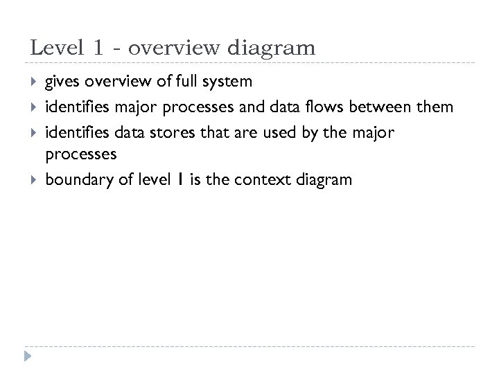 Level 1 - overview diagram gives overview of full system identifies major processes and