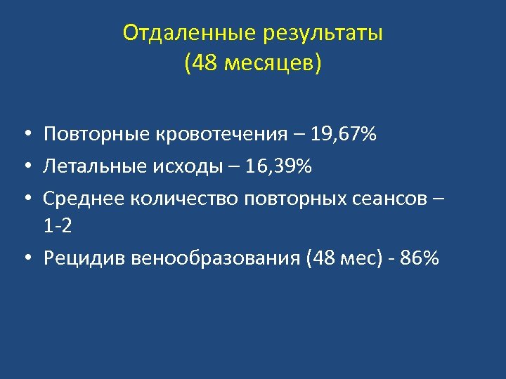Отдаленные результаты (48 месяцев) • Повторные кровотечения – 19, 67% • Летальные исходы –