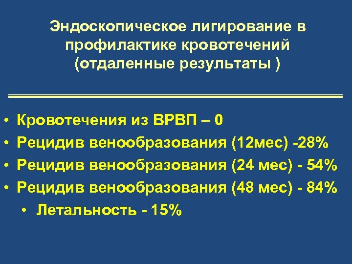 Эндоскопическое лигирование в профилактике кровотечений (отдаленные результаты ) • • Кровотечения из ВРВП –