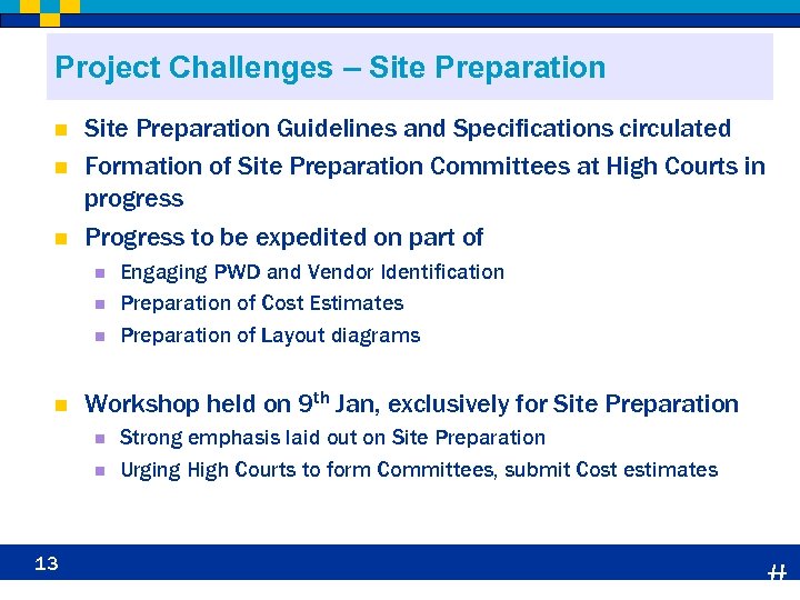 Project Challenges – Site Preparation n Site Preparation Guidelines and Specifications circulated Formation of