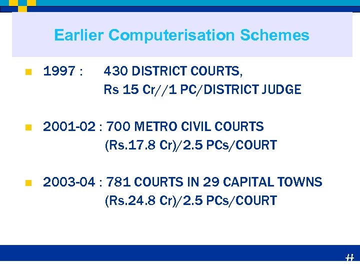 Earlier Computerisation Schemes n 1997 : 430 DISTRICT COURTS, Rs 15 Cr//1 PC/DISTRICT JUDGE