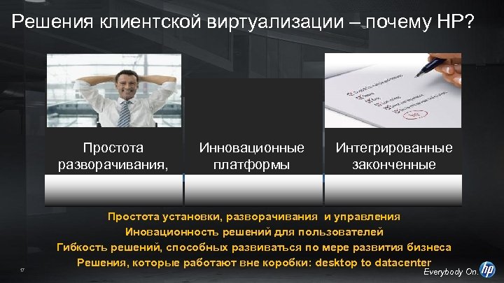 Решения клиентской виртуализации – почему HP? Простота разворачивания, управления и поддержки 17 Инновационные платформы