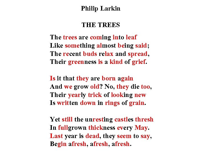 Philip Larkin THE TREES The trees are coming into leaf Like something almost being