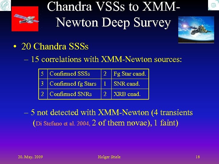 Chandra VSSs to XMMNewton Deep Survey • 20 Chandra SSSs – 15 correlations with