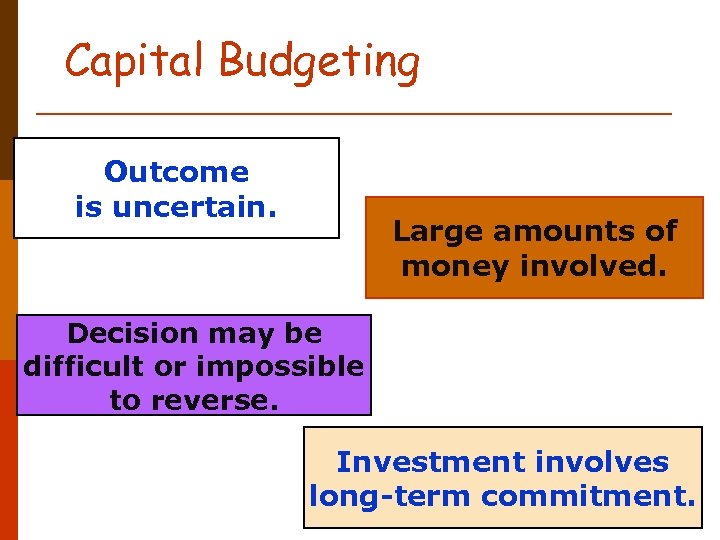 Capital Budgeting Outcome is uncertain. Large amounts of money involved. Decision may be difficult