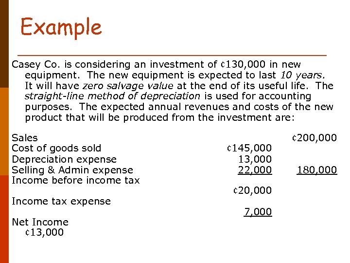 Example Casey Co. is considering an investment of ¢ 130, 000 in new equipment.