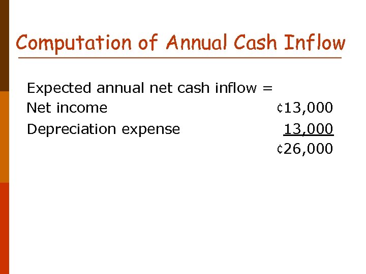 Computation of Annual Cash Inflow Expected annual net cash inflow = Net income ¢