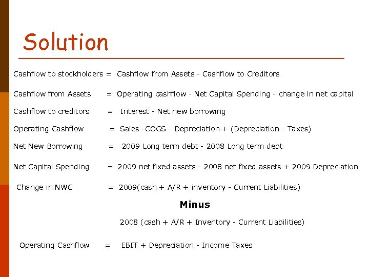 Solution Cashflow to stockholders = Cashflow from Assets - Cashflow to Creditors Cashflow from