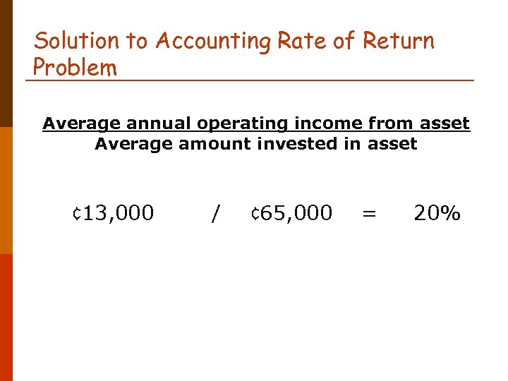 Solution to Accounting Rate of Return Problem Average annual operating income from asset Average