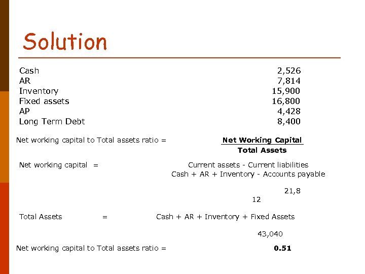 Solution Cash AR Inventory Fixed assets AP Long Term Debt 2, 526 7, 814