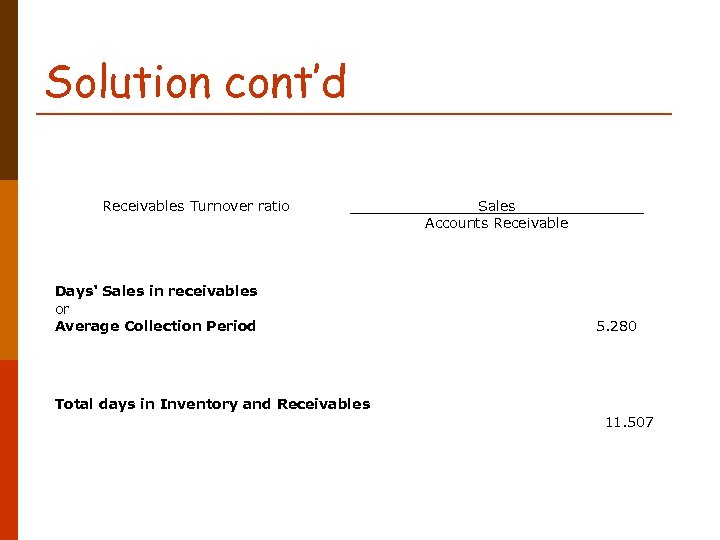 Solution cont’d Receivables Turnover ratio Days' Sales in receivables or Average Collection Period Sales