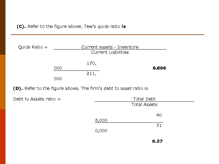 (C). Refer to the figure above. Tew's quick ratio is Quick Ratio = Current