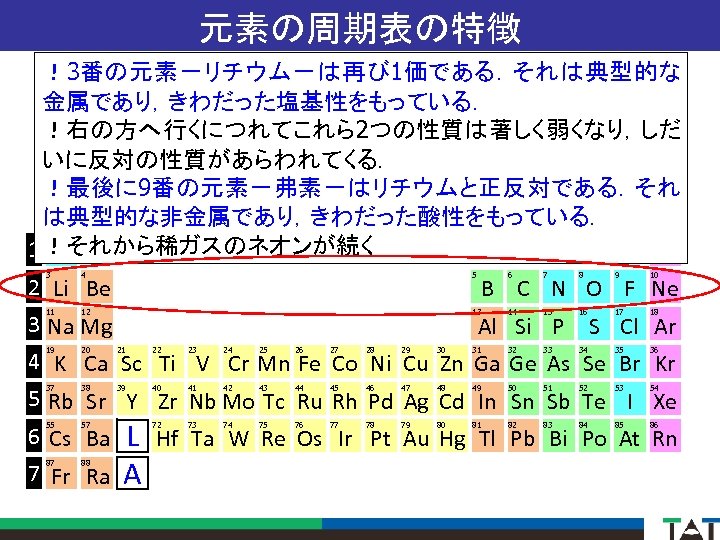 元素の周期表の特徴 ！3番の元素－リチウム－は再び 1価である．それは典型的な 金属であり，きわだった塩基性をもっている． ！右の方へ行くにつれてこれら2つの性質は著しく弱くなり，しだ いに反対の性質があらわれてくる． ！最後に 9番の元素－弗素－はリチウムと正反対である．それ は典型的な非金属であり，きわだった酸性をもっている． 7 B 0 1 A