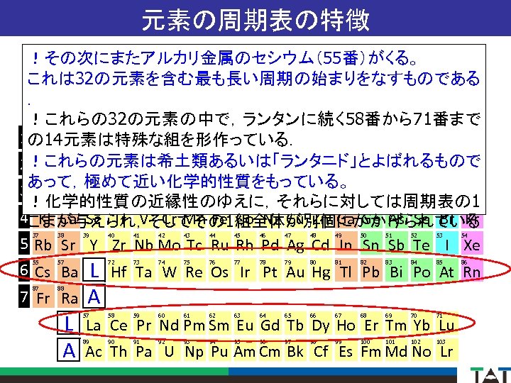 元素の周期表の特徴 ！その次にまたアルカリ金属のセシウム（55番）がくる。 これは 32の元素を含む最も長い周期の始まりをなすものである ． 1 A 2 A 3 A 4 A 5