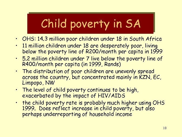 Child poverty in SA • OHS: 14. 3 million poor children under 18 in