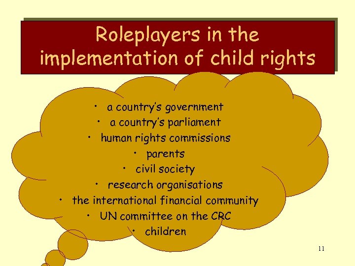 Roleplayers in the implementation of child rights • a country’s government • a country’s