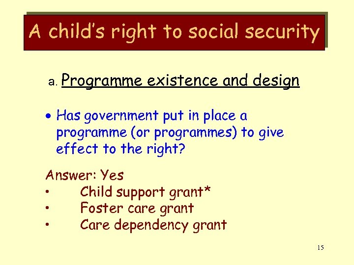 A child’s right to social security a. Programme existence and design · Has government