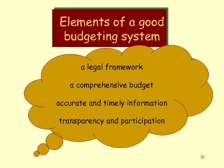 Elements of a good budgeting system a legal framework a comprehensive budget accurate and