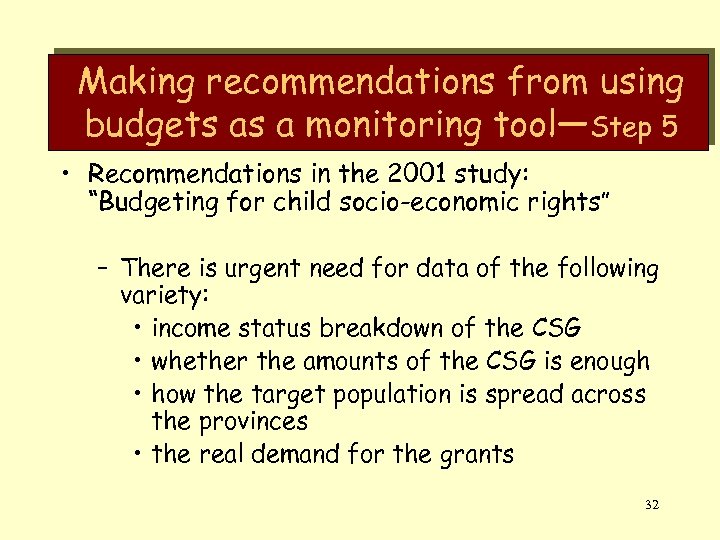 Making recommendations from using budgets as a monitoring tool—Step 5 • Recommendations in the