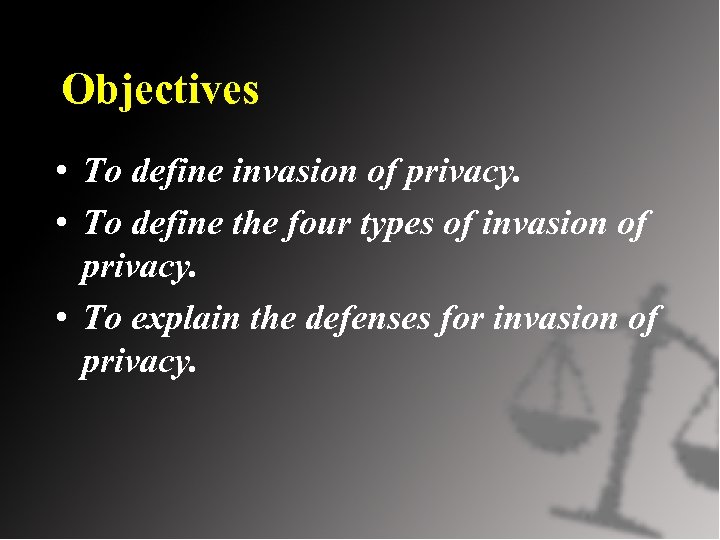 Objectives • To define invasion of privacy. • To define the four types of