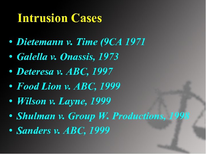 Intrusion Cases • • Dietemann v. Time (9 CA 1971 Galella v. Onassis, 1973