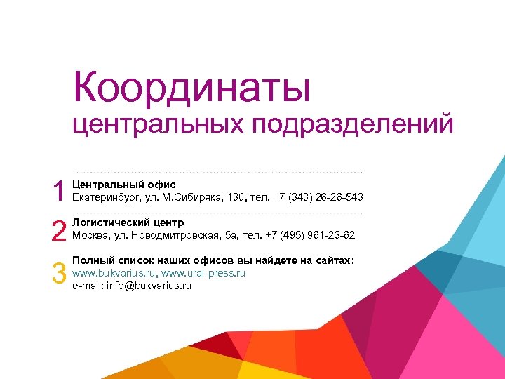 Координаты центральных подразделений 1 2 3 Центральный офис Екатеринбург, ул. М. Сибиряка, 130, тел.