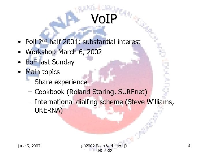 Vo. IP • • Poll 2 nd half 2001: substantial interest Workshop March 6,