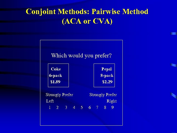 Conjoint Methods: Pairwise Method (ACA or CVA) Which would you prefer? Coke 6 -pack