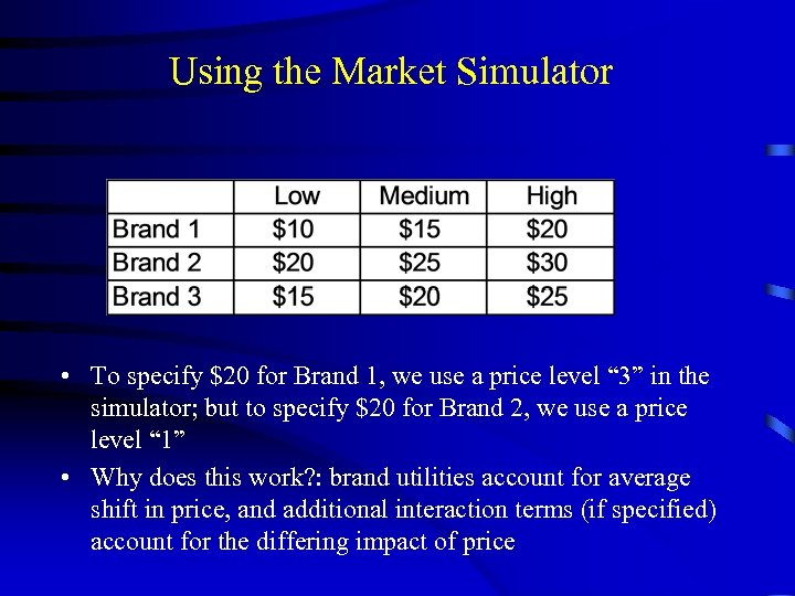 Using the Market Simulator • To specify $20 for Brand 1, we use a