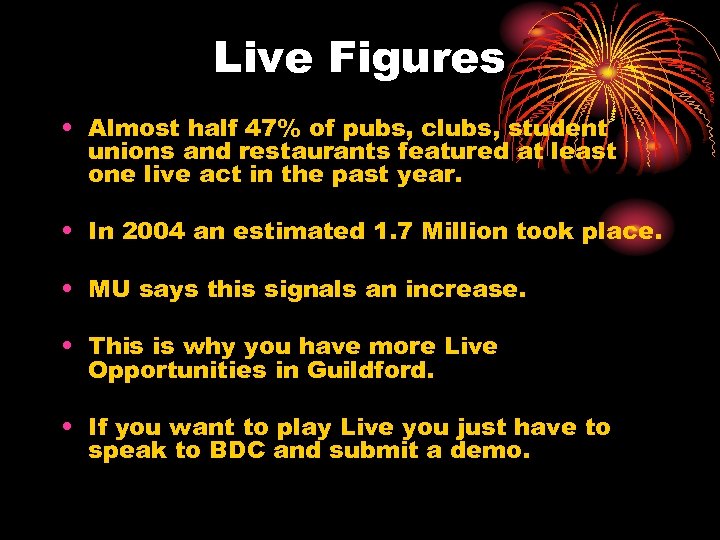Live Figures • Almost half 47% of pubs, clubs, student unions and restaurants featured