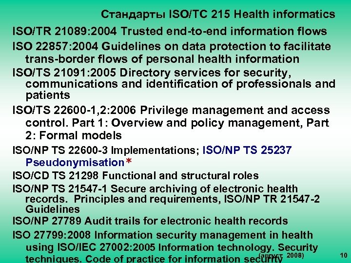 Стандарты ISO/TC 215 Health informatics ISO/TR 21089: 2004 Trusted end-to-end information flows ISO 22857: