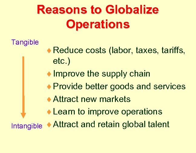 Reasons to Globalize Operations Tangible ¨ Reduce costs (labor, taxes, tariffs, etc. ) ¨