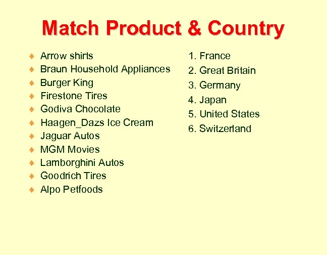 Match Product & Country ¨ ¨ ¨ Arrow shirts Braun Household Appliances Burger King