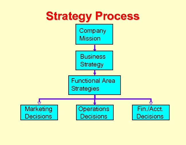 Strategy Process Company Mission Business Strategy Functional Area Strategies Marketing Decisions Operations Decisions Fin.