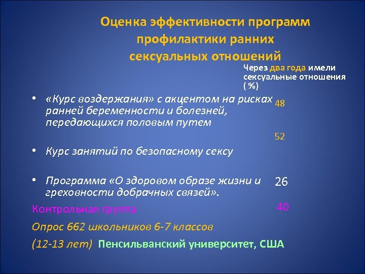  Оценка эффективности программ профилактики ранних сексуальных отношений Через два года имели сексуальные отношения