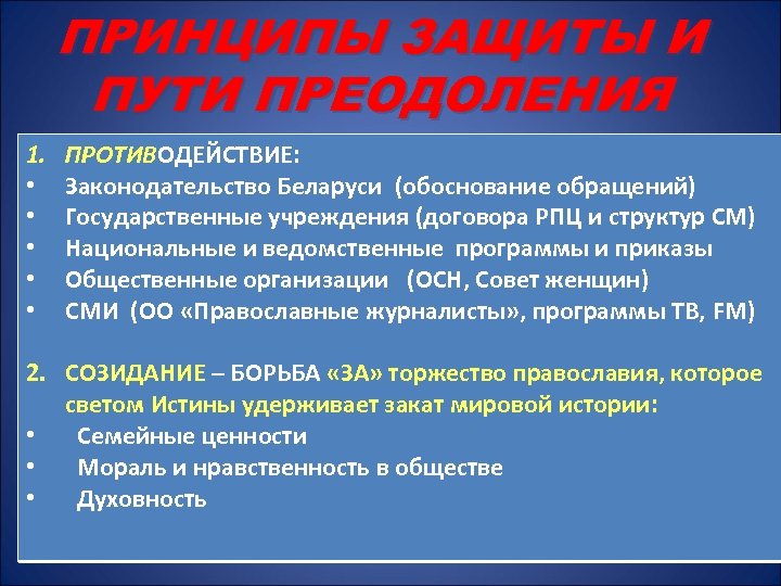 ПРИНЦИПЫ ЗАЩИТЫ И ПУТИ ПРЕОДОЛЕНИЯ 1. • • • ПРОТИВОДЕЙСТВИЕ: Законодательство Беларуси (обоснование обращений)