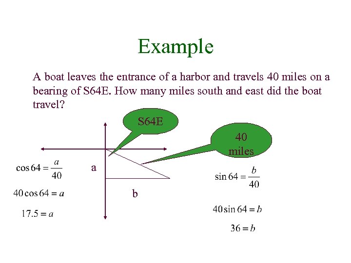 Example A boat leaves the entrance of a harbor and travels 40 miles on