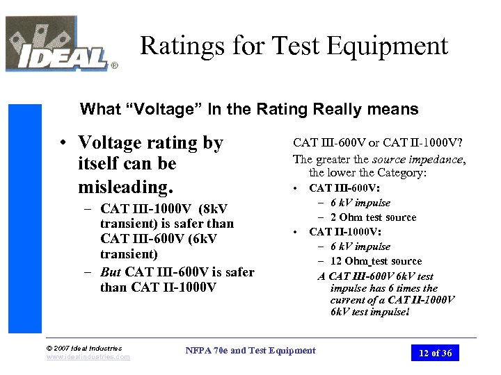 Ratings for Test Equipment What “Voltage” In the Rating Really means • Voltage rating