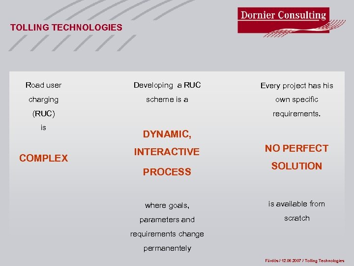 TOLLING TECHNOLOGIES Road user Developing a RUC Every project has his charging scheme is