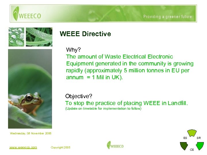 WEEE Directive Why? The amount of Waste Electrical Electronic Equipment generated in the community